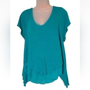 Free People Women’s Linen Blend Teal size M Short Sleeve Scoop Neck Layered Top